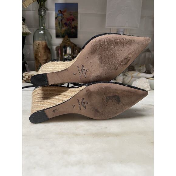 VALENTINO GARAVANI Black Lace Ankle Bow Straps Pointy Toe Espadrilles 38 unique - Picture 4 of 13